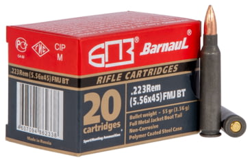 Image of BarnauL .223 Remington 55 grain Full Metal Jacket Boat-Tail Steel Cased Centerfire Rifle Ammo, 20 Rounds, 223REMFMJ55