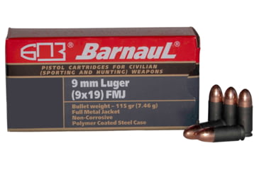 Image of BarnauL 9mm Luger 115 grain Full Metal Jacket Steel Cased Centerfire Pistol Ammo, 50 Rounds, BRN9MMLUGERFMJ115