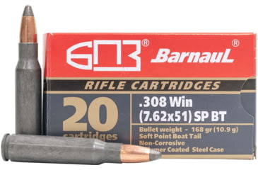 Image of BarnauL .308 Winchester 168 grain Soft Point Boat-Tail Steel Cased Centerfire Rifle Ammo, 500 Rounds, BRN308WINSPBT168