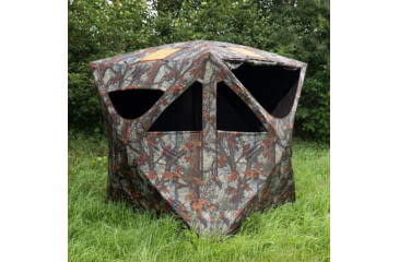 Image of Barronett Blinds Tag Out Hub Hunting Blind with blaze orange safety panels, Bloodtrail Woodland, 3-Person, TA350BT