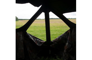 Image of Barronett Blinds Tag Out Hub Hunting Blind with blaze orange safety panels, Bloodtrail Woodland, 3-Person, TA350BT