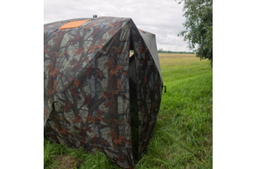 Image of Barronett Blinds Tag Out Hub Hunting Blind with blaze orange safety panels, Bloodtrail Woodland, 3-Person, TA350BT