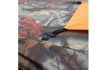 Image of Barronett Blinds Tag Out Hub Hunting Blind with blaze orange safety panels, Bloodtrail Woodland, 3-Person, TA350BT