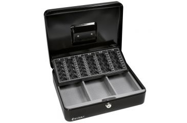 Image of Barska 12in. Cash Box, 6 Compartment Coin Tray, Lock, Open CB11790