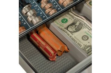Image of Barska 12in. Cash Box w/ 6 Compartment Coin Tray, Key Lock, Close Up and In Use CB11790
