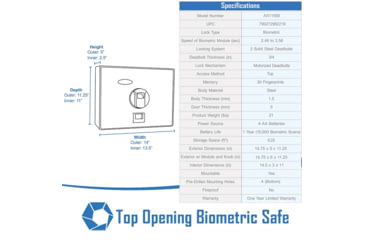 Image of Barska Top Open BioMetric Safe, Black, 14.75x11.25x5in Exerior AX11556