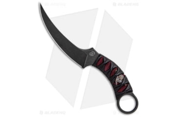 Image of Bastinelli Creations Mako Fixed Blade Knife, 4.50in, Bohler N690 Stainless Steel, Trailing Point Blade, Cord, Leather Black/Red Handle, w/ Bronze Skull Leather Wrap, Black/Black, 8.625in, BHQ-102290