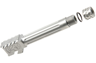 Image of Battle Arms Development One Threaded/Fluted Barrel, Glock 19, 1 2x28, 1/10 Twist, Straight Flute, SABERTUBE Thread Protector, 416R Steel, Stainless Steel, BAD-BBLG19SSFT