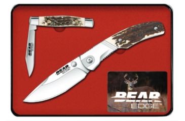 Image of Bear &amp; Son Cutlery 2 Piece Tin Set of Folding Knives with Stag Delrin Handle, 420 SS Blades, 4in and 2.85in Closed Blade, 71560
