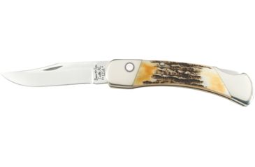 Image of Bear &amp; Son Cutlery 5 Genuine India Stag Bone Automatic Lockback With Metal Belt Clip &amp; Leather Sheath - 5A97