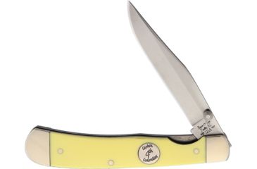 Image of Bear &amp; Son Cutlery Locking Bear Rancher Fixed Blade Knife, 3.25in, 1095 Carbon Steel, Clip Point, Yellow, Delrin Handle BCC3154L