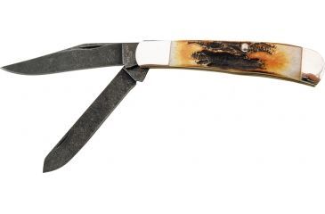 Image of Bear &amp; Son Trapper Stag Fold Knife, Damascus Steel clip and spey Blade, India Stag Bone Handle BC554D