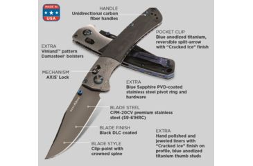 Image of Benchmade Limited Edition Gold Class Crooked River Folding Knife, 4 in, CPN-20CV SS, Black DLC Clip-point Blade w/ Crowned Spine, Carbon Fiber Handle, Black/Blue, 15080BK-191