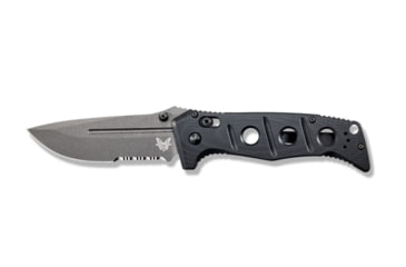 Image of Benchmade Sibert Adamas Axis Stud Folding Knife, 3.82in, CPM-CruWear Steel, Drop Point Serrated Grey Coated Blade, Contoured G10, Black Handle 275SGY-1