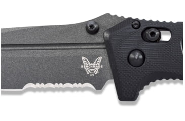 Image of Benchmade Sibert Adamas Axis Stud Folding Knife, 3.82in, CPM-CruWear Steel, Drop Point Serrated Grey Coated Blade, Contoured G10, Black Handle 275SGY-1