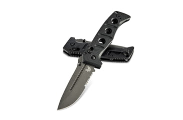 Image of Benchmade Sibert Adamas Axis Stud Folding Knife, 3.82in, CPM-CruWear Steel, Drop Point Serrated Grey Coated Blade, Contoured G10, Black Handle 275SGY-1