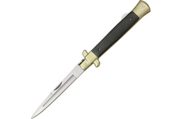 Image of Benchmark Large Stiletto Folding Knife, 4.75in Mirror False Edge SS Stiletto Style Blade, Black Wood Handle, Brass Bolster, Black, BMK035