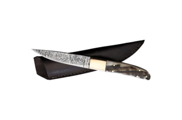 Image of Benjamin Fixed Blade Ram Horn Knife, 8.88in Overall, 4.25in, Damascus Steel Blade, Ram's Horn Handle, Leather Sheath, BK-A034