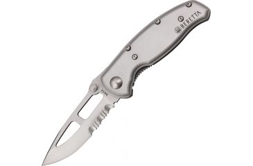 Image of Beretta Small Airlight II Fold Knife, Skeletonized SS partially serrated Blade, Silver anodized aluminum Handle BE79873