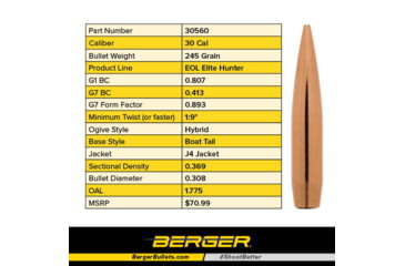 Image of Berger 30 cal 245 gr EOL Elite Hunter, 100 Pk, 30560