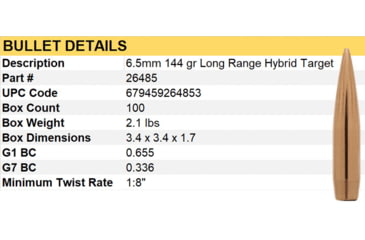 Image of Berger's Long Range Hybrid Target 6.5mm Caliber 144 Grain Boat Tail Rifle Bullets, 100 Bullets, 26485