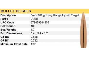 Image of Berger Long Range Hybrid Target 6mm Caliber 109 Grain Long Range Hybrid Rifle Bullets, 100 Bullet, 24485
