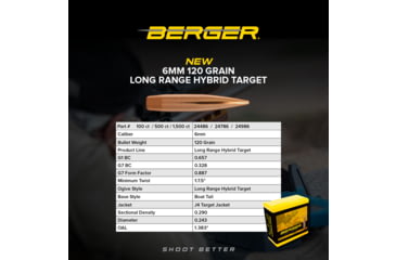 Image of Berger 6mm 120 grain Long Range Hybrid Target Bullets, 100, 24486