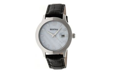 Image of Bertha Eden Mother-Of-Pearl Leather-Band Watch w/Date, Silver/Black, Standard BTHBR6501