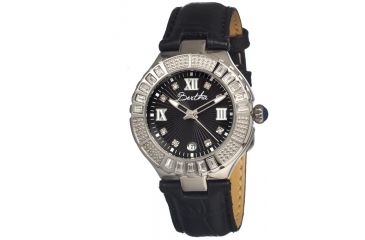 Image of Bertha Evelyn Ladies Watch, Black Leather Band, Crystals Bezel, Black Analog Dial, Silver Hand BTHBR1702