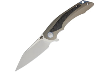 Image of Bestech Knives Pterodactyl Framelock Bronze Folding Knife, 3.75in Satin S35Vn SS Blade, Bronze Titanium Handle With Carbon Fiber Insert, Pocket Clip, Black Nylon Belt Sheath, Bronze, BT1801C