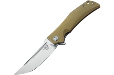Image of Bestech Knives Scimitar G10 Linerlock Beige Folding Knife, 3.75in Satin D2 Tool Steel Clip Point Blade, Tan G10 Handle, Pocket Clip, Tan, BG05C-1