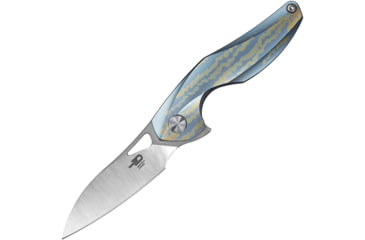 Image of Bestech Knives The Reticulan Framelock Folding Knife, 2in Cpm S35Vn SS Blade, Blue/Gold Anodized Titanium Handle, Thumb Pull, Pocket Clip, Stonewash And Satin Blade, Black Kydex Neck Sheath, BT1810F