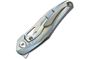 Image of Bestech Knives The Reticulan Framelock Folding Knife, 2in Cpm S35Vn SS Blade, Blue/Gold Anodized Titanium Handle, Thumb Pull, Pocket Clip, Stonewash And Satin Blade, Black Kydex Neck Sheath, BT1810F