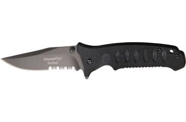 Image of Black Fox Tactical Linerlock Fold Knife 4in, SS assisted opening partially serrated clip, Grooved black G-10 Handle BF114TS