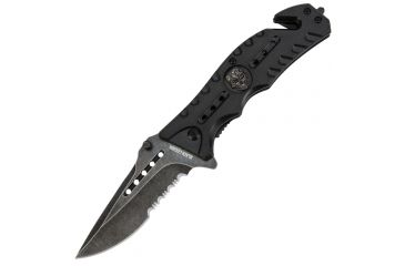 Image of Black Legion Skull Rescue Folding Pocket Knife,4.5in Closed,Partially Serrated Drop Point Stainless Steel Blade,Black ABS Handle BV271