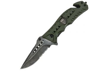Image of Black Legion Skull Rescue Folding Pocket Knife,4.5in Closed,Partially Serrated Drop Point Stainless Steel Blade,Green ABS Handle BV273