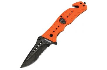 Image of Black Legion Skull Rescue Folding Pocket Knife,4.5in Closed,Partially Serrated Drop Point Stainless Steel Blade,Orange ABS Handle BV272