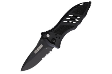 Image of BlackHawk Small Button Lock Folding Knife, 3.25in, D2 Tool Steel, Partial Serrated, Reinforced Nylon w/ 420J Stainless Steel Liners Handle, Black, BH15M211BK