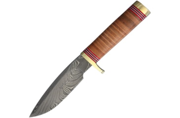 Image of Blackjack Classic Model 125 Damascus Fixed Blade Knife, 9.25in Overall, 5in Damascus Steel Drop Point, Stacked Leather Handle, Brass Guard And Pommel, Brown Leather Belt Sheath, BCB125DSL