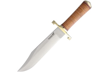 Image of Blackjack Model 129 Bowie Fixed Blade Knife, 15in Overall, 9.25in Satin A2 Tool Steel Clip Point Blade, Stacked Leather Handle, Brown Leather Belt Sheath, 12-9SLT