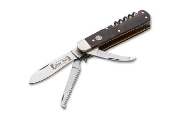 Image of Boker Jager Gold Quadro Folding Knife, 3.375in, Saw, Gutting Blade and Corkscrew, Walnut Handles, Leather Sheath, 110646