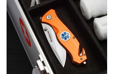 Image of Boker Magnum Medic Rescue Folding Knife, 4.75in Closed, 3.35in, 440 SS, Matte Blade, Orange Aluminum Handle, 01MB364