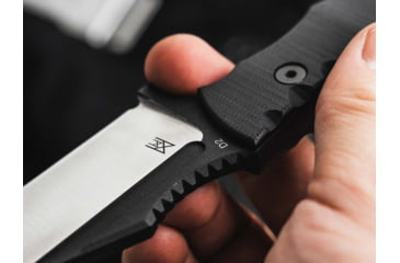 Image of Boker Plus Andhrimnir Mini Fixed Blade Knife, 6in Overall, 3.38in Black Stonewash/Satin D2 Tool Steel Wharncliffe Blade, Black G10 Handle, Black Kydex Belt Sheath, 02BO091