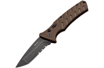 Image of Boker Plus Strike Button Lock Coyote Folding Knife, 3.25in Black Stonewash Partially Serrated Aus-8 SS Tanto Blade, Coyote Brown Textured Aluminum Handle, Pocket Clip, Coyote brown, 01BO425N