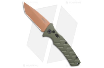 Image of Boker Strike Tanto Desert Warrior Automatic Folding Knife, 3.25in, D2, Tanto Blade, Aluminum OD Green Handle, Copper/OD Green, 7.875in, BHQ-68520
