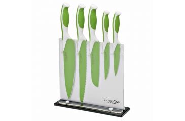 Image of Boker USA 5pc Colorcut Knife Set w/Block,CrMoV Steel Blade,Apple Green Handle,Santoku,Chef,Bread,Utility,Vegetable 03CT221