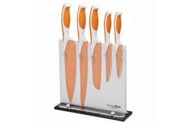 Image of Boker USA 5pc Colorcut Knife Set w/Block,CrMoV Steel Blade,Apricot Orange Handle,Santoku,Chef,Bread,Utility,Vegetable 03CT321