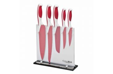 Image of Boker USA 5pc Colorcut Knife Set w/Block,CrMoV Steel Blade,Raspberry Red Handle,Santoku,Chef,Bread,Utility,Vegetable 03CT121