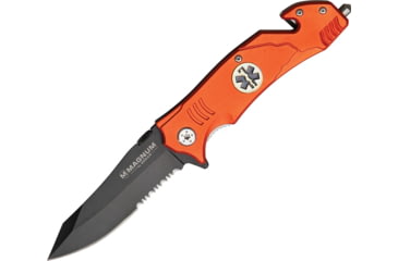 Image of Boker USA Rescue Linerlock EMS Folding Knife, 3.38in Black Partially Serrated 440 SS Blade, Orange Aluminum Handle, Belt/Cord Cutter, Inlay Shield, Glass Breaker, Pocket Clip, Thumb Stud., 01LL472