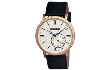 Image of Breed Maxwell Mens Watch, Black Leather Band, Rose Gold Bezel, Silver Analog Dial, Blue Hand BRD4105